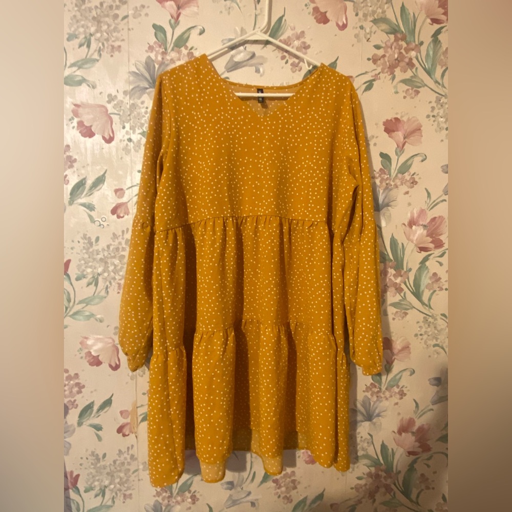 Lock And Love Dress Size XXL Mustard With Ivory Polka Dots Long Sleeve